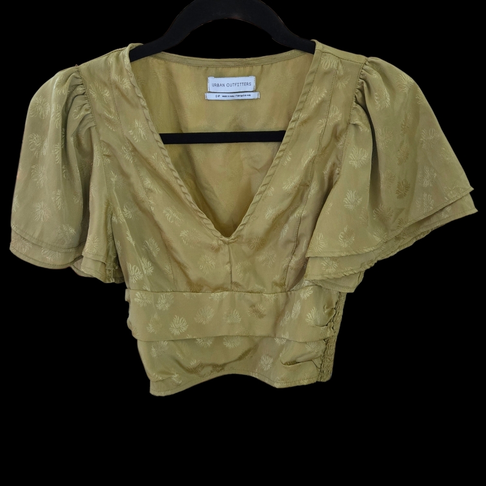 Urban Outfitters Webster Jacquard Flutter Sleeve Gold Crop Top - S